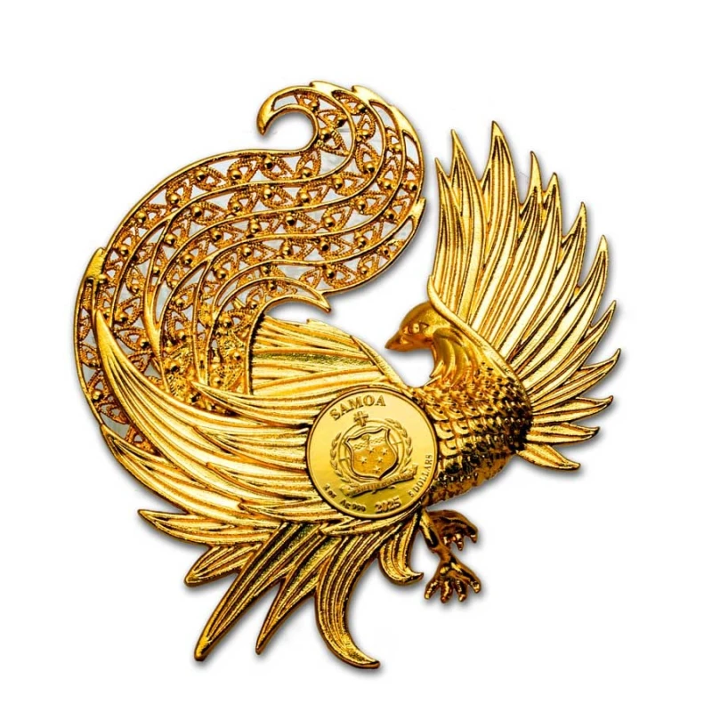 Samoa: srebrna moneta Feniks 2025 kolorowa pozłacana 2 uncje Monety kolekcjonerskie