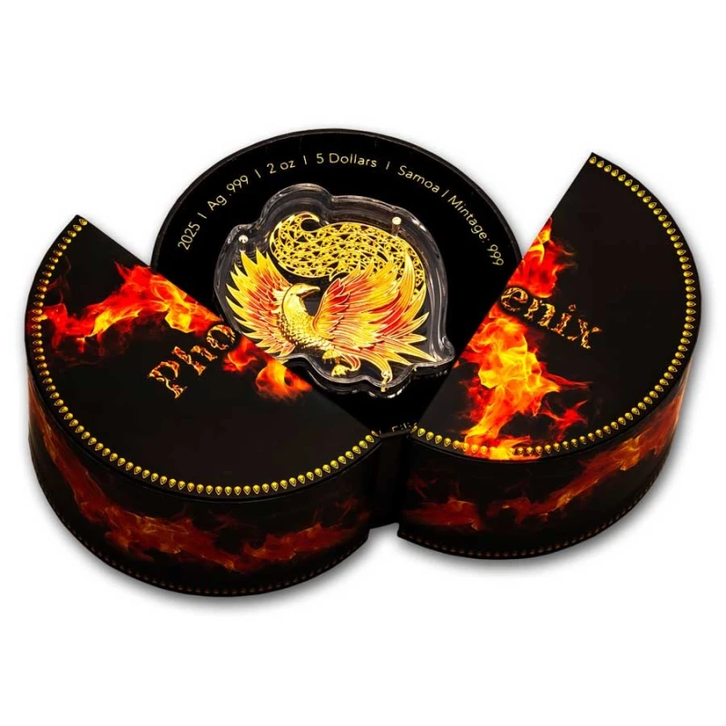 Samoa: srebrna moneta Feniks 2025 kolorowa pozłacana 2 uncje Monety kolekcjonerskie