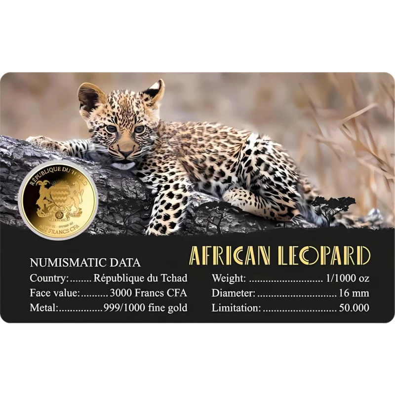 Złota moneta Chad African Leopard (próbna), 0,031 grama czystego złota (próba 0,999) Monety kolekcjonerskie