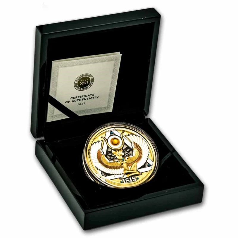 Kamerun: srebrna moneta Isis 2025 o wysokim reliefie i pozłacanej wadze 5 uncji Monety kolekcjonerskie