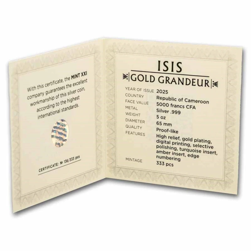 Kamerun: srebrna moneta Isis 2025 o wysokim reliefie i pozłacanej wadze 5 uncji Monety kolekcjonerskie