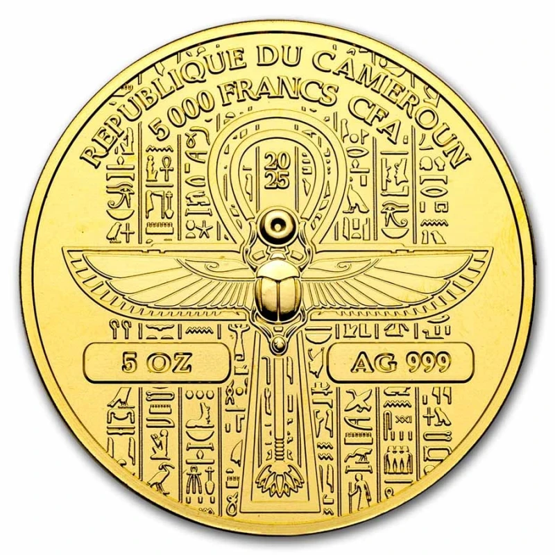 Kamerun: srebrna moneta Isis 2025 o wysokim reliefie i pozłacanej wadze 5 uncji Monety kolekcjonerskie