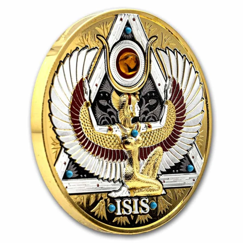 Kamerun: srebrna moneta Isis 2025 o wysokim reliefie i pozłacanej wadze 5 uncji Monety kolekcjonerskie