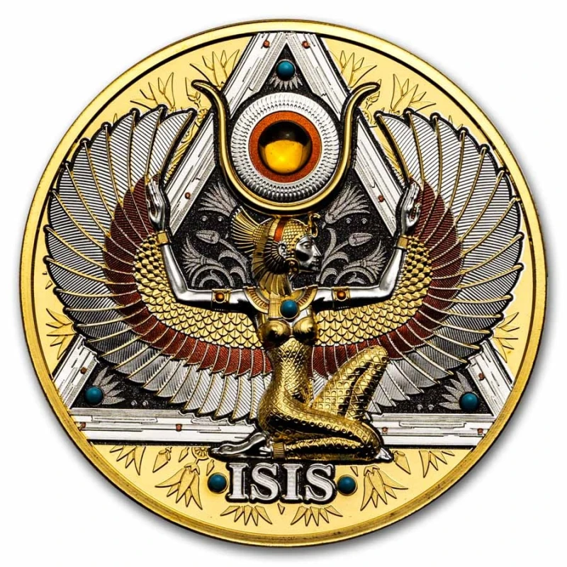 Kamerun: srebrna moneta Isis 2025 o wysokim reliefie i pozłacanej wadze 5 uncji Monety kolekcjonerskie