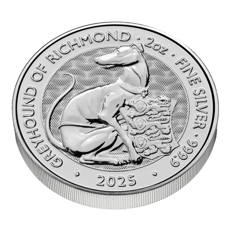 Srebrna moneta Wielkiej Brytanii Królewskie Bestie Tudorów Greyhound of Richmond 2025 o wadze 2 uncji Monety kolekcjonerskie