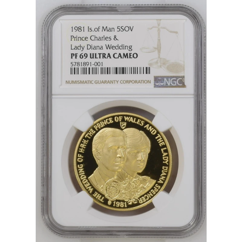 Wyspa Man: złota moneta Ślub księcia Karola i Diany Spencer, 1981 WYSOKOŚĆ 36,61 g  Monety kolekcjonerskie