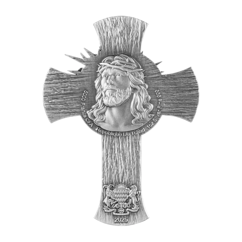 Czad: srebrna moneta Jezus Krzyż 2025 1 uncja Monety kolekcjonerskie