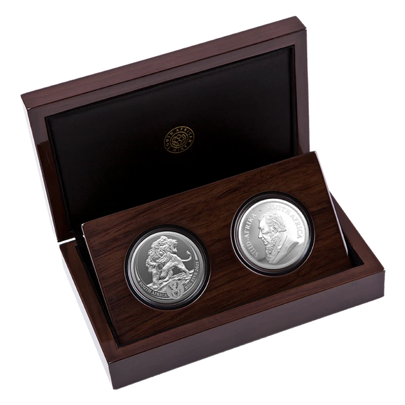 Republika Południowej Afryki: srebrne monety Lew i Krugerrand 2025 Proof zestaw 2 uncje Monety kolekcjonerskie