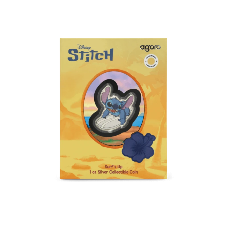 Niue: srebrna moneta Stitch Surf's Up 2025 Proof kolorowana 1 uncja Monety kolekcjonerskie