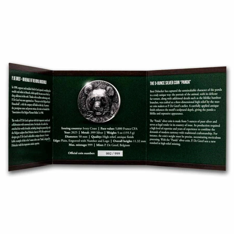 Wybrzeże Kości Słoniowej: srebrna moneta Panda 2025 5 uncji Monety kolekcjonerskie