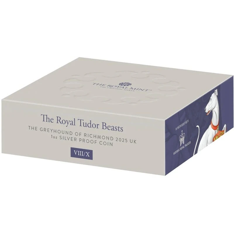 Srebrna moneta United Kingdom The Tudor Beasts White Greyhound of Richmond 2025 Proof o wadze 1 uncji Monety kolekcjonerskie