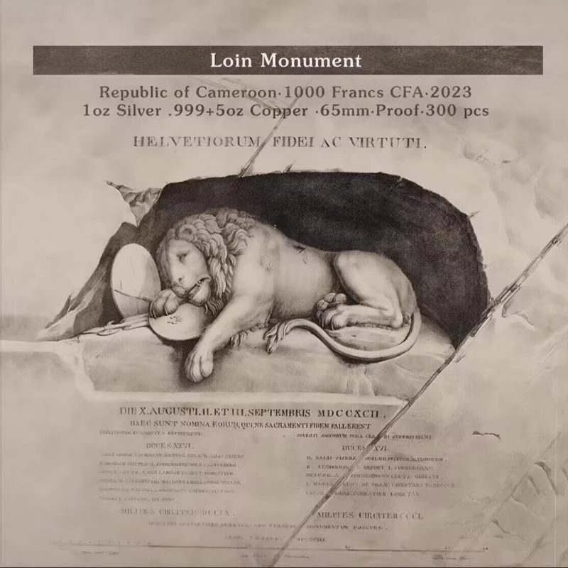 Kamerun: moneta bimetaliczna Smutny Lew z Lucerny 2023 Proof 6 uncji Monety kolekcjonerskie