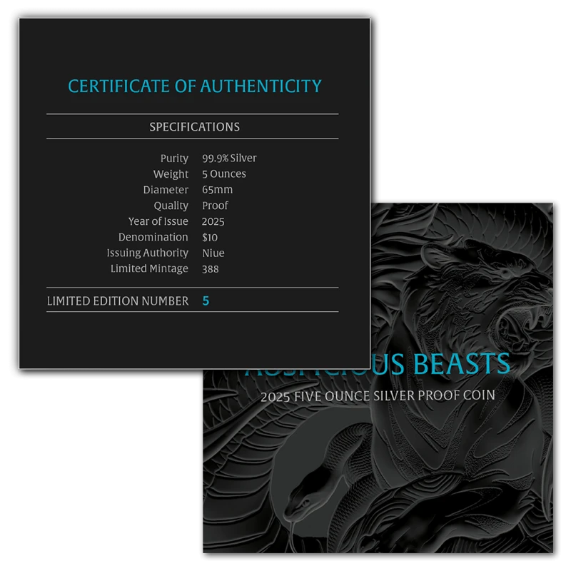 Niue: srebrna moneta Auspicious Beasts 2025 Proof o wadze 5 uncji Monety kolekcjonerskie