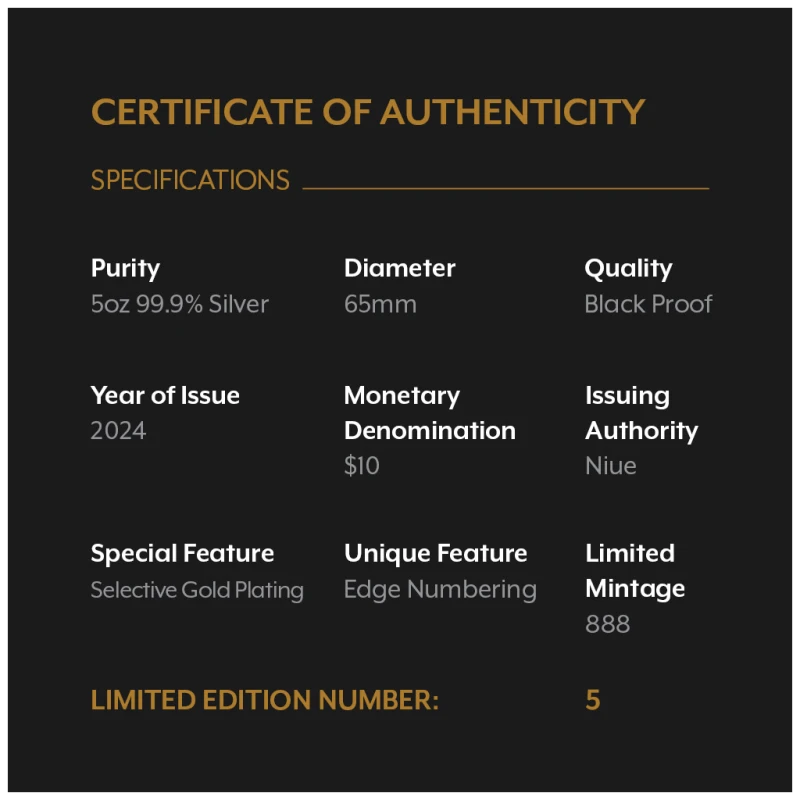 Niue: srebrna moneta Rok Smoka 2024 Black Proof pozłacana 5 uncji Monety kolekcjonerskie