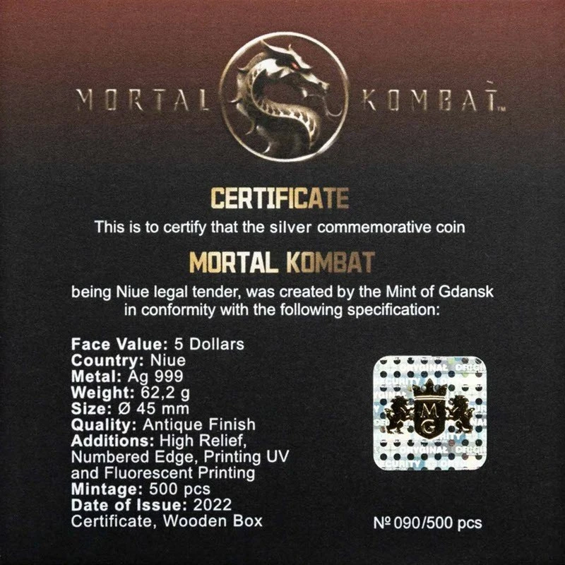 Niue: srebrna moneta Mortal Kombat 2022 kolorowa 2 uncje Monety kolekcjonerskie
