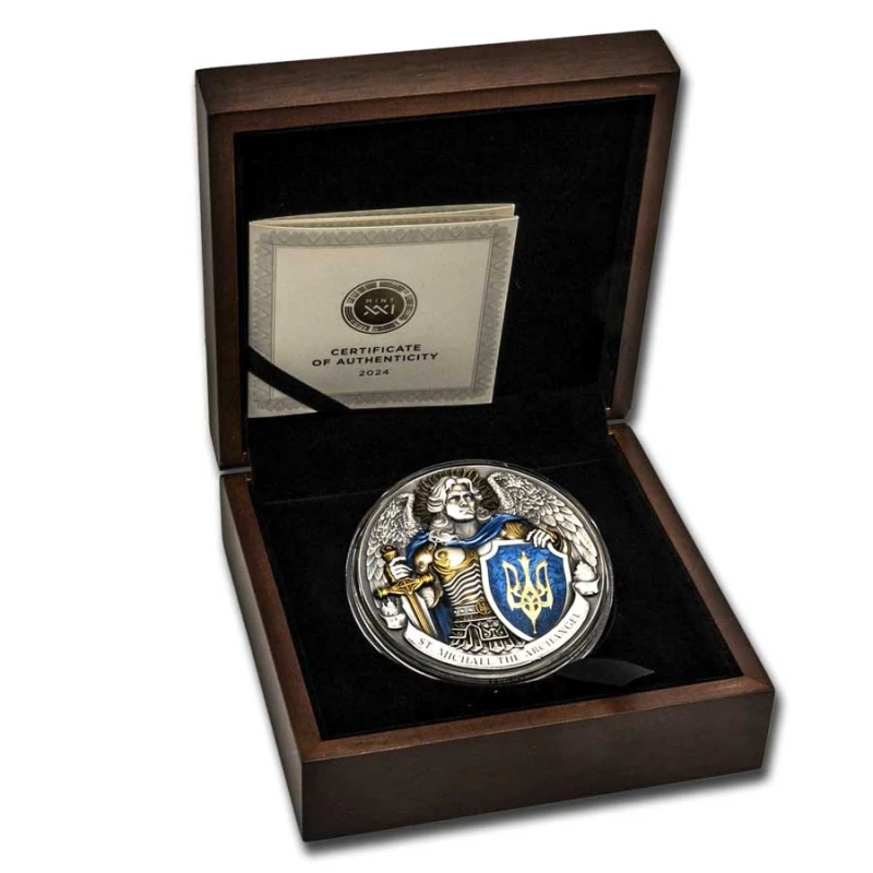 Niue: srebrna moneta Święty Michał Archanioł 2024 kolorowa 5 uncji Monety kolekcjonerskie