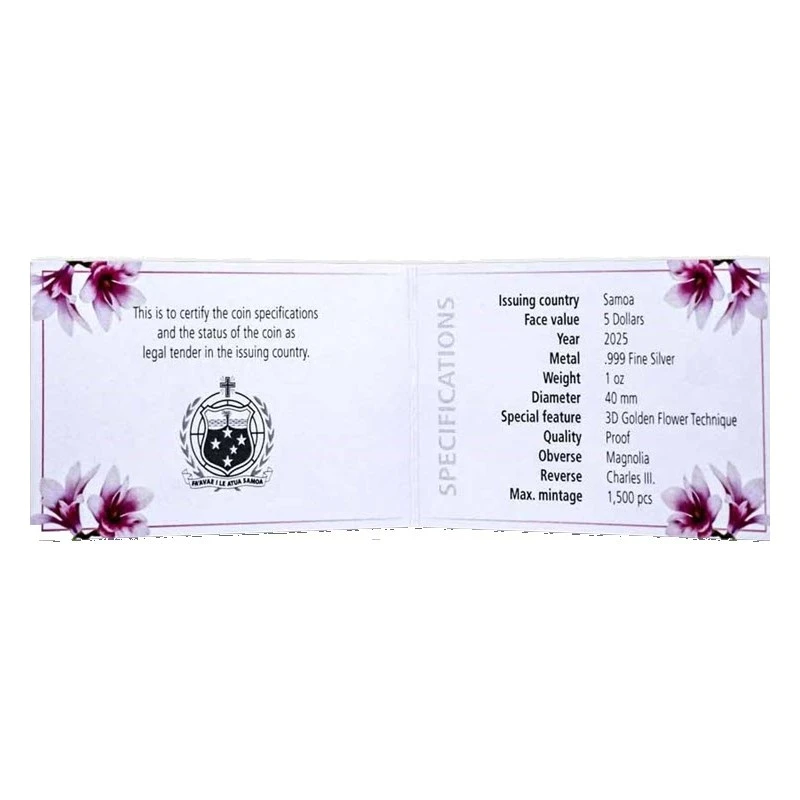 Samoa: silver coin Magnolia 2025 Proof gilded 1 oz Collectible coins