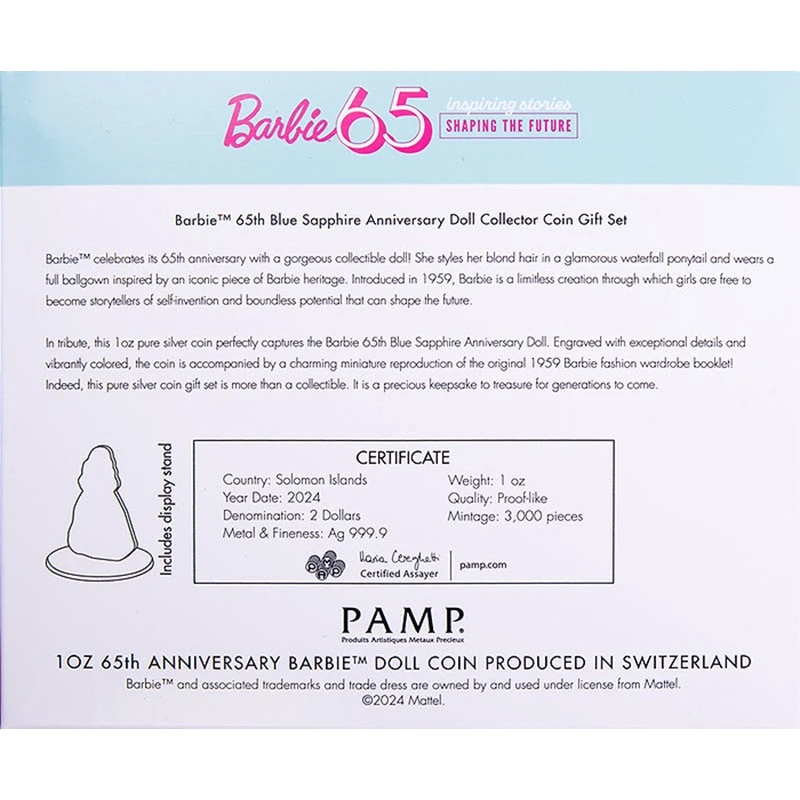 Srebrna moneta Wyspy Salomona Niebieski Szafir Barbie 2024 Kolorowa 1 uncja Monety kolekcjonerskie