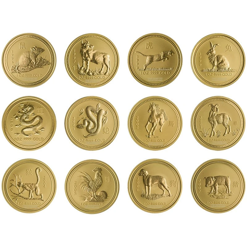 Złote monety Australia Lunar I 1996-2007 Zestaw 12 uncji Monety kolekcjonerskie