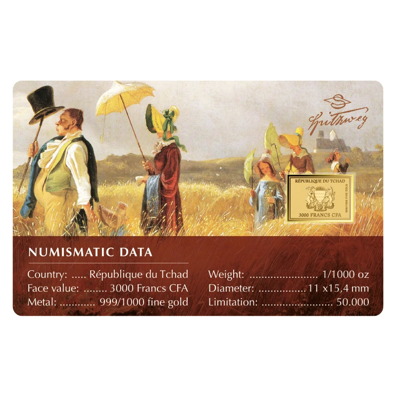 Złota moneta Czad Carl Spitzweg Niedzielny odpoczynek 1/1000 uncji  Monety kolekcjonerskie