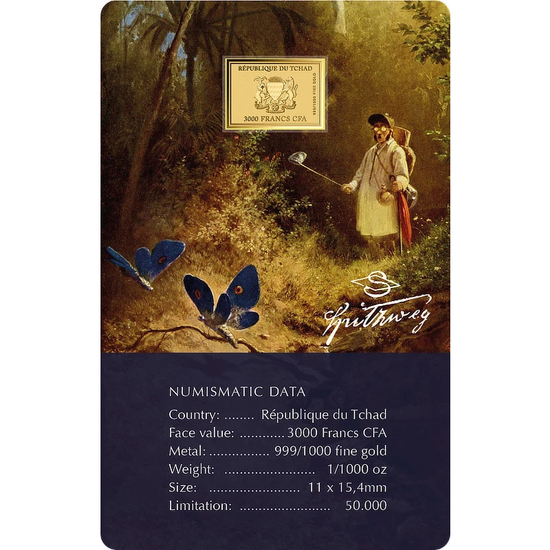 Złota moneta Czad Carl Spitzweg Łowca motyli 1/1000 uncji  Monety kolekcjonerskie
